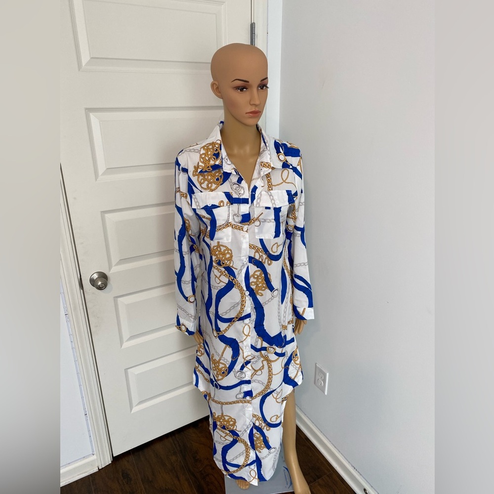 Blue & Gold Maxi Shirt Dress - Size L - New With Tag